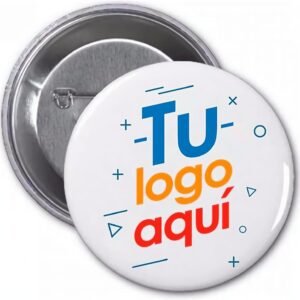 Custom 58 mm promotional pin button attached to a backpack