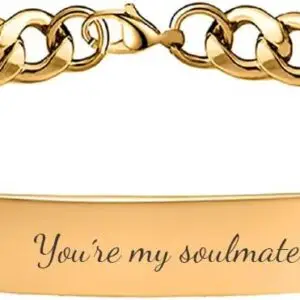 Gold tone engraved ID bracelet with a custom name plate
