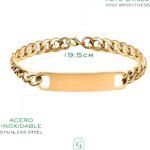 Gold tone ID bracelet shown with its packaging