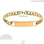 Gold tone ID bracelet shown with its packaging