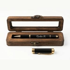 Engraved metal pen with its natural pine wood case