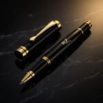 Close-up of the black and gold metal rollerball pen