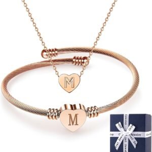 Initial Bracelet & Necklace Set – Stainless Steel, Rose Gold Tone, Adjustable